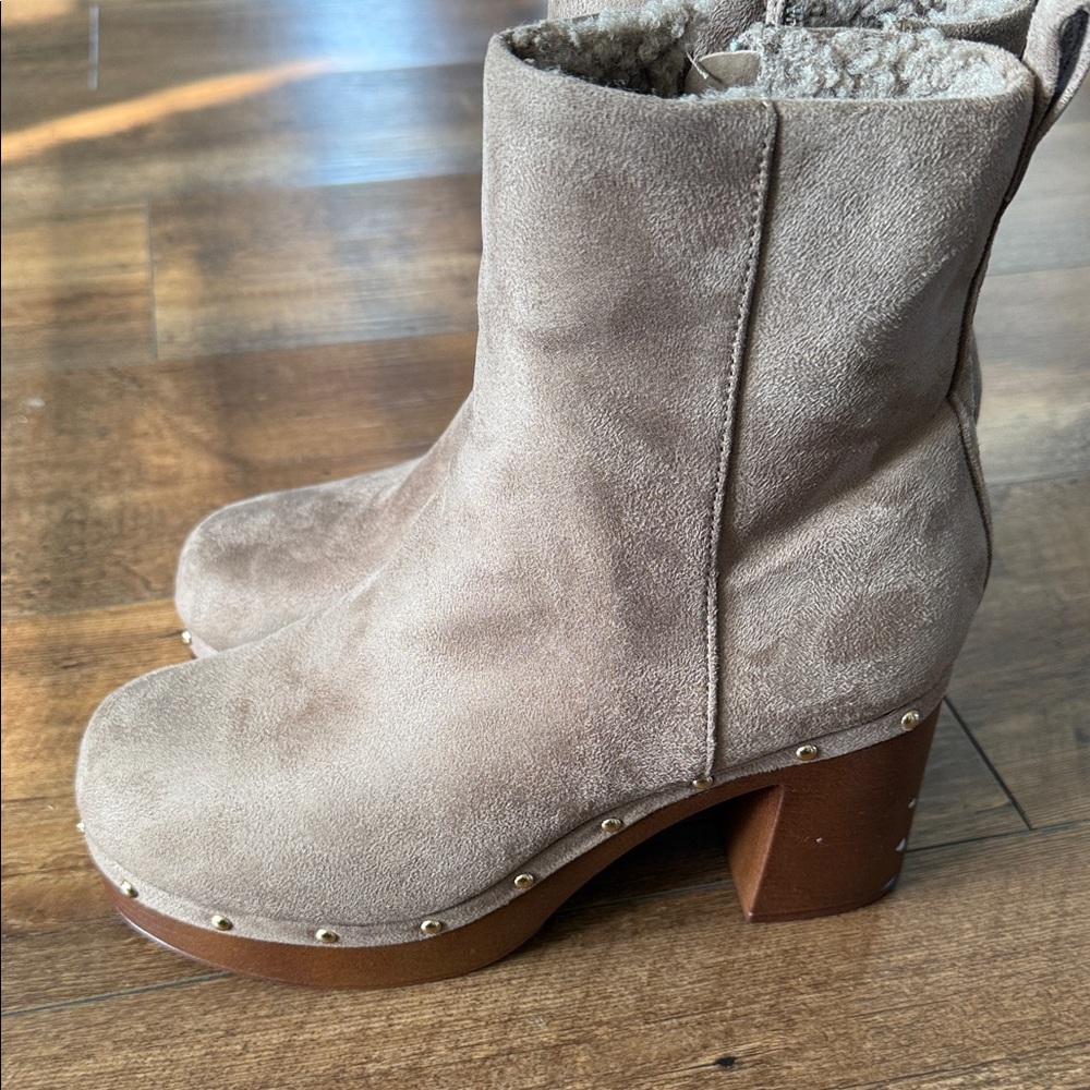 New York & Company Taupe Suede Shearling-Lined Platform Ankle Boots - Picture 3 of 4
